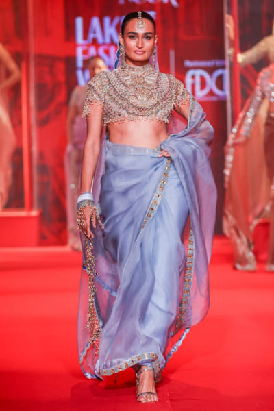 Powder blue bead embroidered sari set