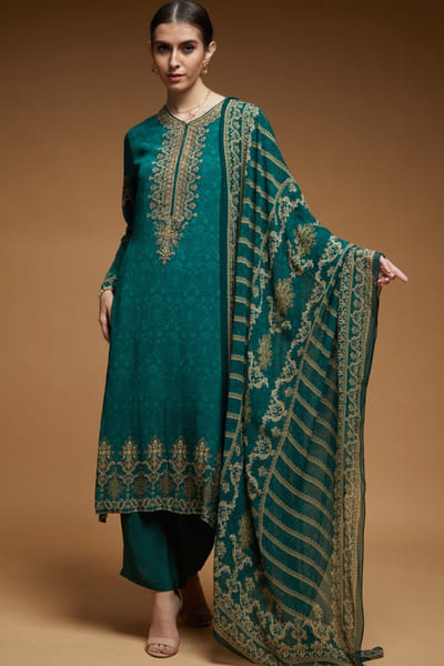 Green print rhinestone embroidery kurta set