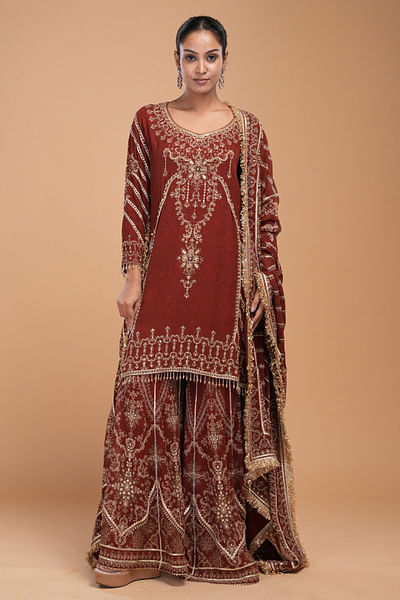 Maroon print rhinestone embroidery sharara set