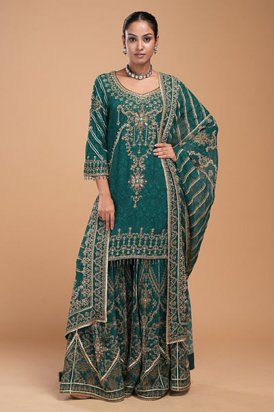 Teal print rhinestone embroidery sharara set