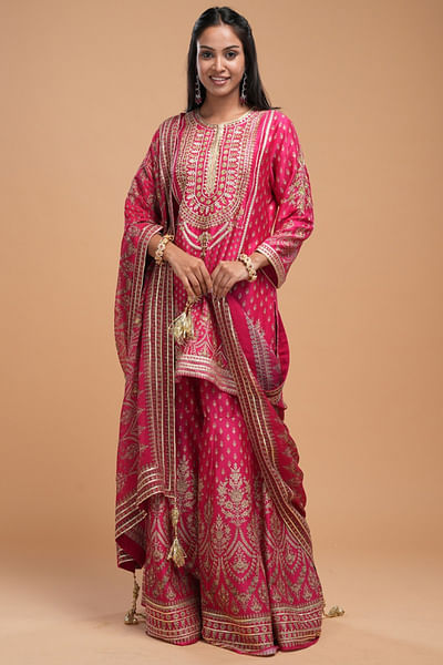 Fuschia rhinestone embroidered sharara set