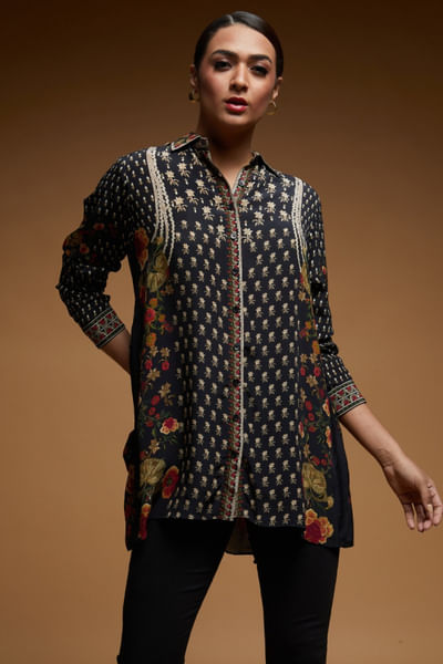 Black print and rhinestone embroidered shirt