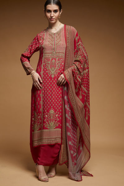 Red print rhinestone embroidery kurta set