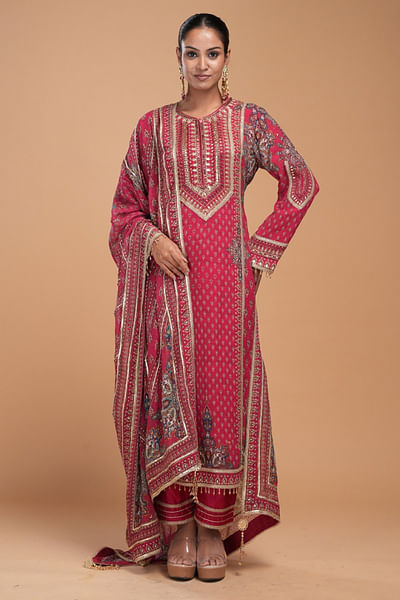 Fuchsia print rhinestone embroidery kurta set