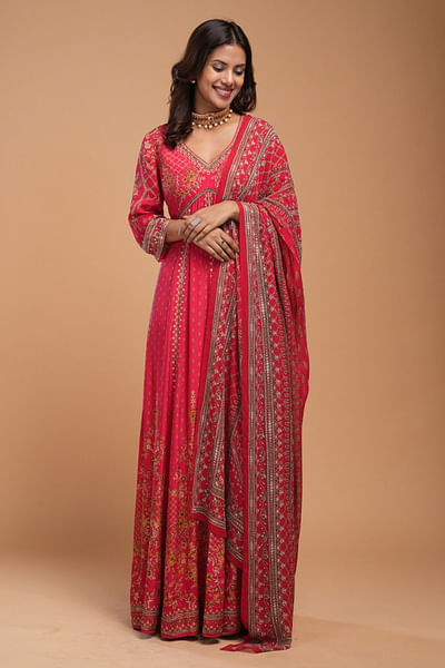 Red print rhinestone embroidery anarkali set