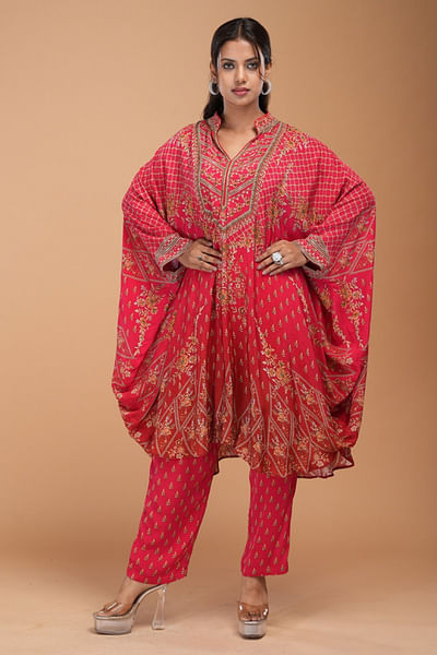 Red print and rhinestone embroidery co-ord set