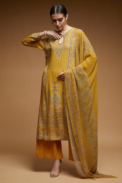 Mustard print rhinestone embroidery kurta set