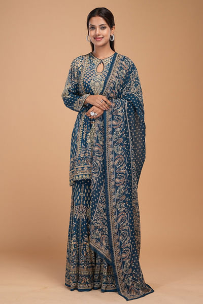 Blue print and embroidery sharara set