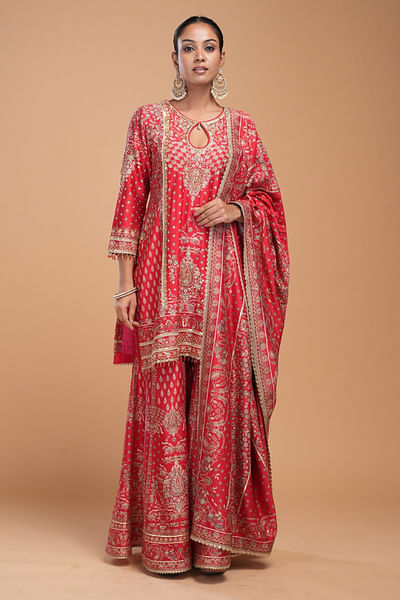 Red print rhinestone embroidery sharara set
