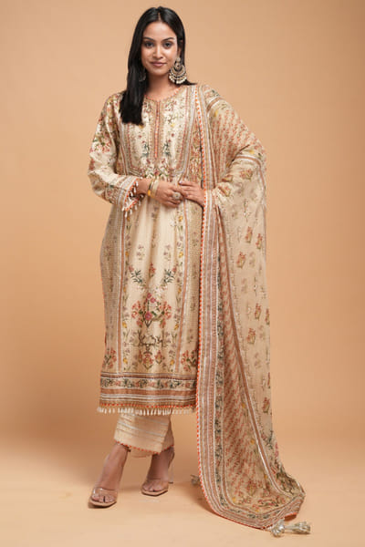 Beige rhinestone embroidered kurta set