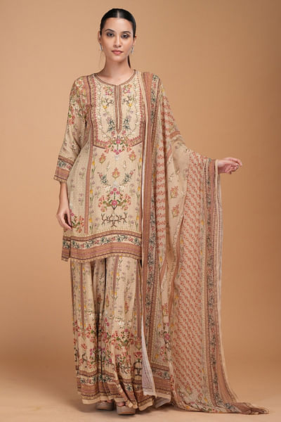 Beige printed and embroidery sharara set