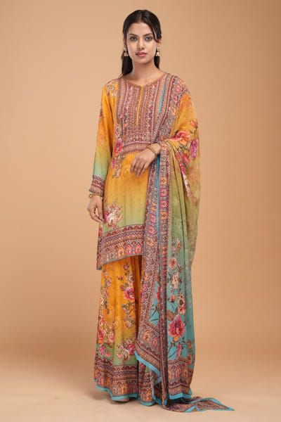 Mustard printed and embroidered sharara set