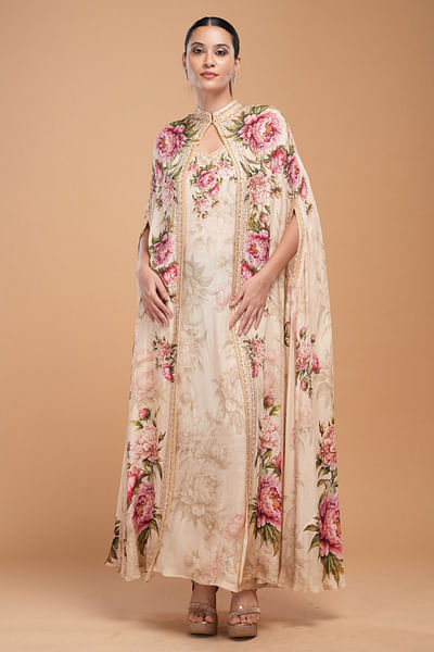 Beige print and rhinestone embroidery cape set