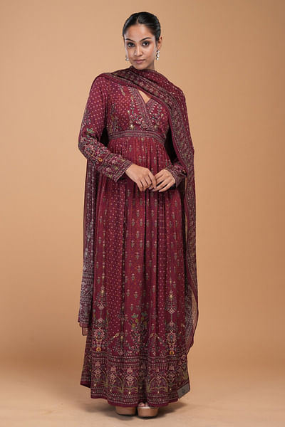 Brown print rhinestone embroidery anarkali set
