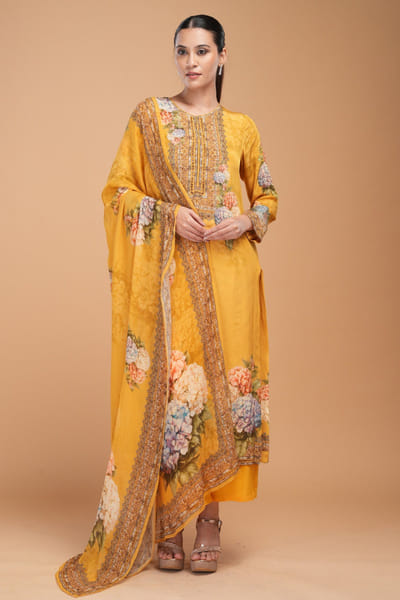 Yellow print rhinestone embroidery kurta set