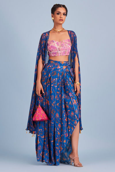 Blue cord embroidered dhoti skirt cape set