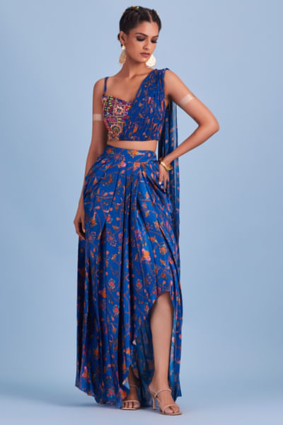 Blue printed draped top dhoti skirt set