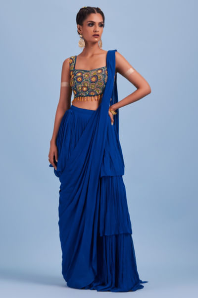 Blue floral embroidered layered sari set