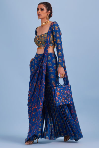 Blue printed gharara sari set