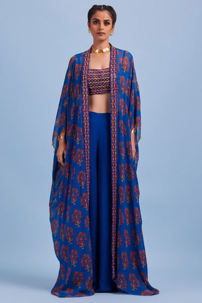 Blue embroidered and printed cape set
