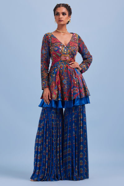 Blue jaal printed gharara peplum set