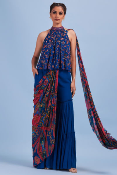Blue printed and embroidered gharara sari set