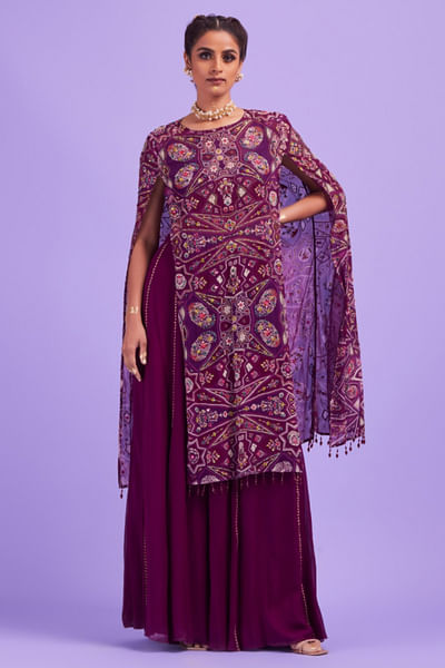 Purple jaal printed cape set