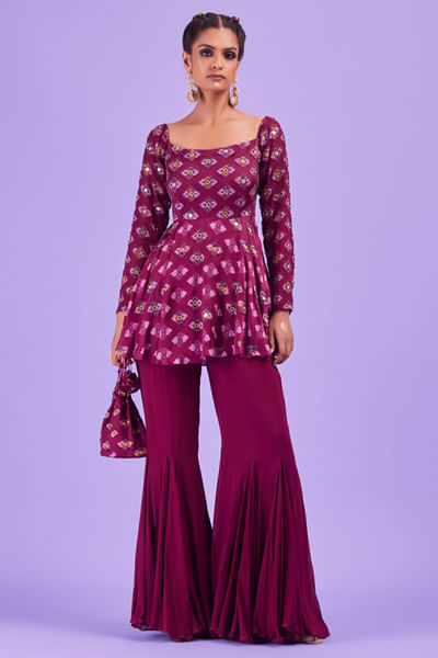 Purple printed and embroidered peplum set