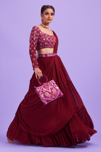 Purple embroidered skirt sari set