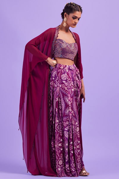 Purple embroidered and printed dhoti cape set