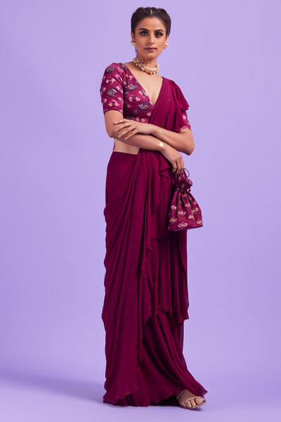 Purple embroidered ruffle sari set