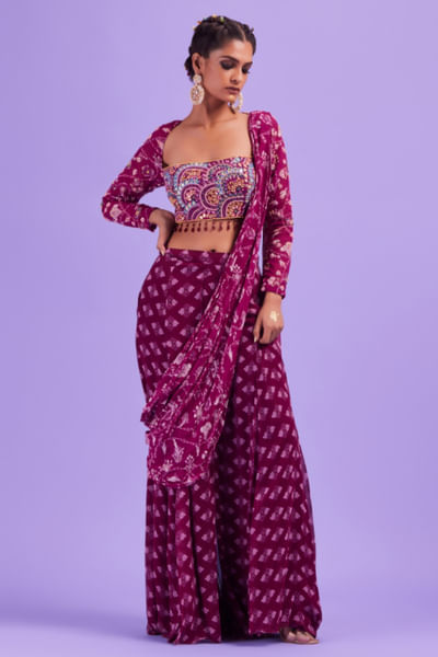 Purple embroidered and printed sharara sari set