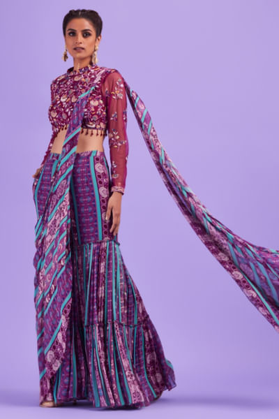 Purple printed gharara sari set