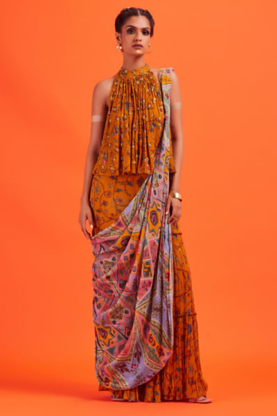 Yellow embroidered and printed gharara sari set