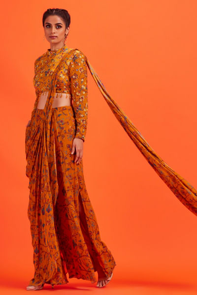 Yellow printed box pleated side slit sari set