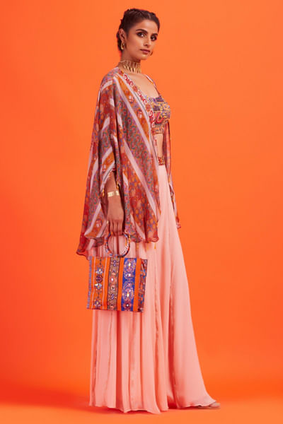Blush pink printed sharara cape set