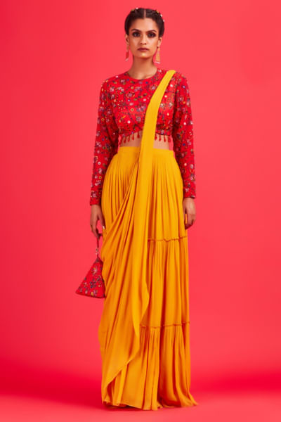 Yellow tiered embroidered skirt sari set