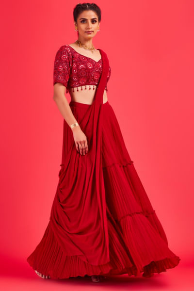 Red embroidered tiered skirt sari set