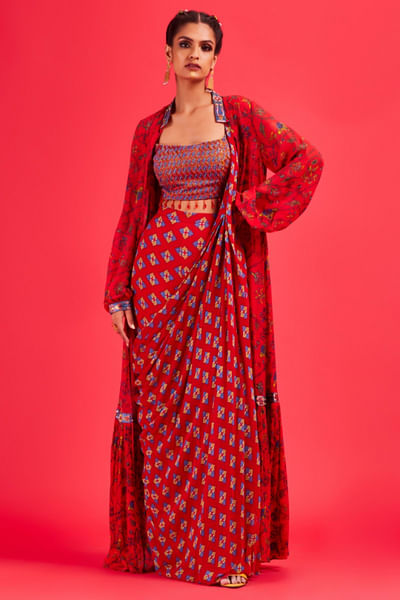 Red embroidered and printed cape sari set
