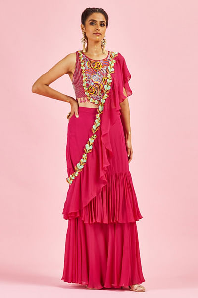 Fuchsia pink embroidered ruffle sari set