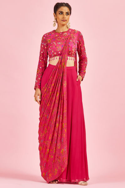 Fuchsia pink embroidered sharara sari set