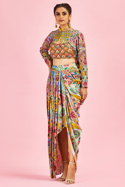Yellow embroidered and printed dhoti cape set
