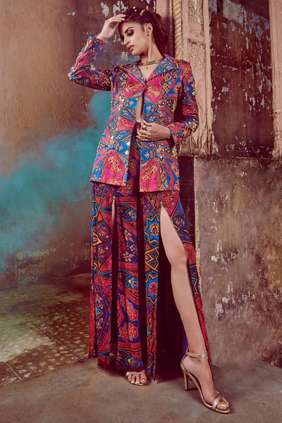 Blue jaal printed and embroidered blazer set