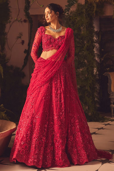 Magenta 3D floral appliqué lehenga set