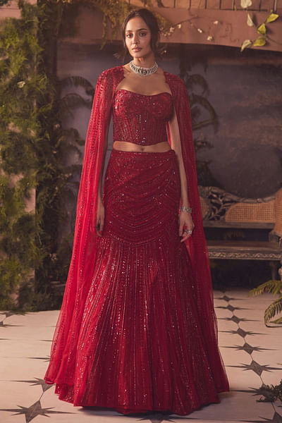 Red embellished corset-mermaid lehenga set