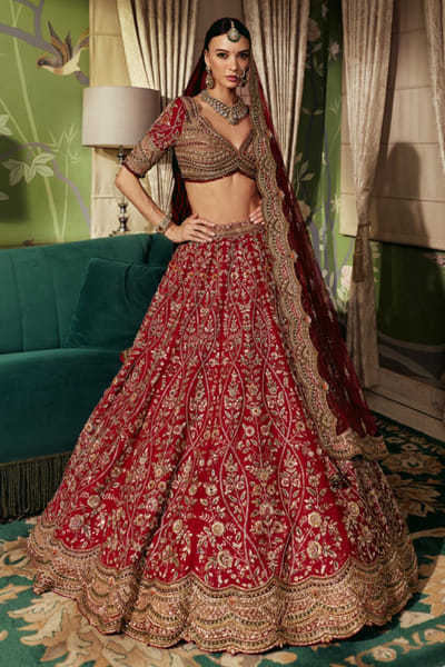 Roqa Red floral zardozi embroidered lehenga set ROQAJUL26D150675