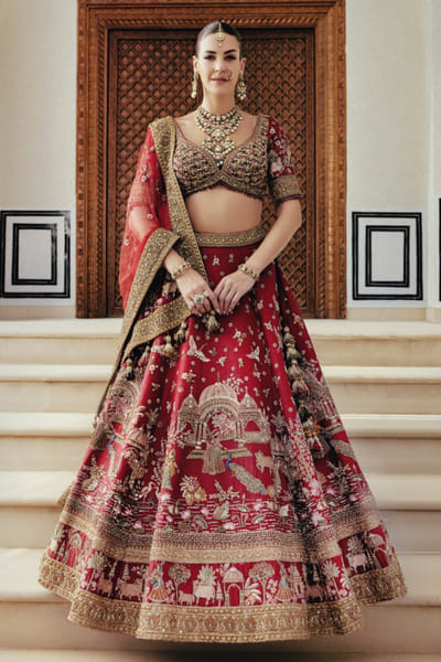 Roqa Red floral embroidered lehenga set ROQAJUL26D150671