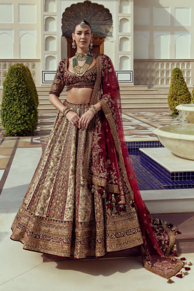 Roqa Gold and red zari embroidered lehenga set ROQAJUL26D150668