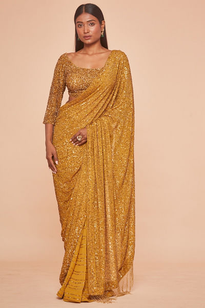 Gold sequin embroidered sari set