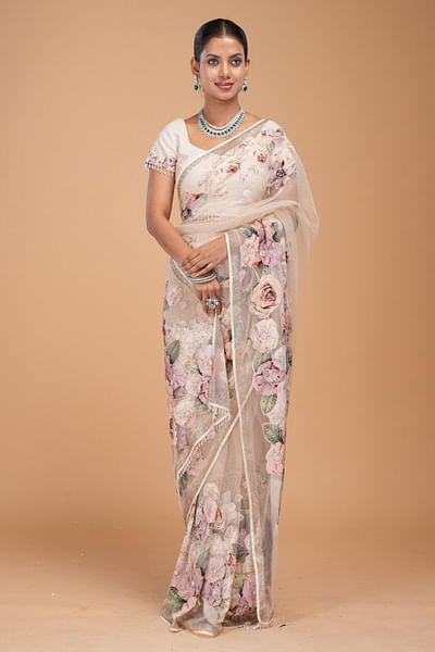 Beige print and rhinestone embroidery sari set